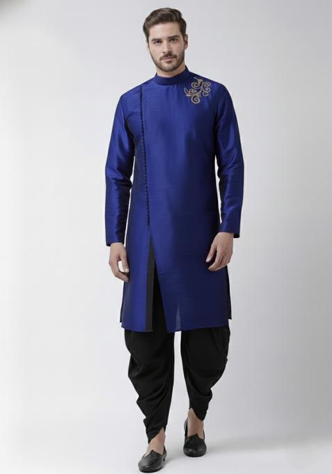 Royal Blue Embroidery Silk Kurta Set For Men