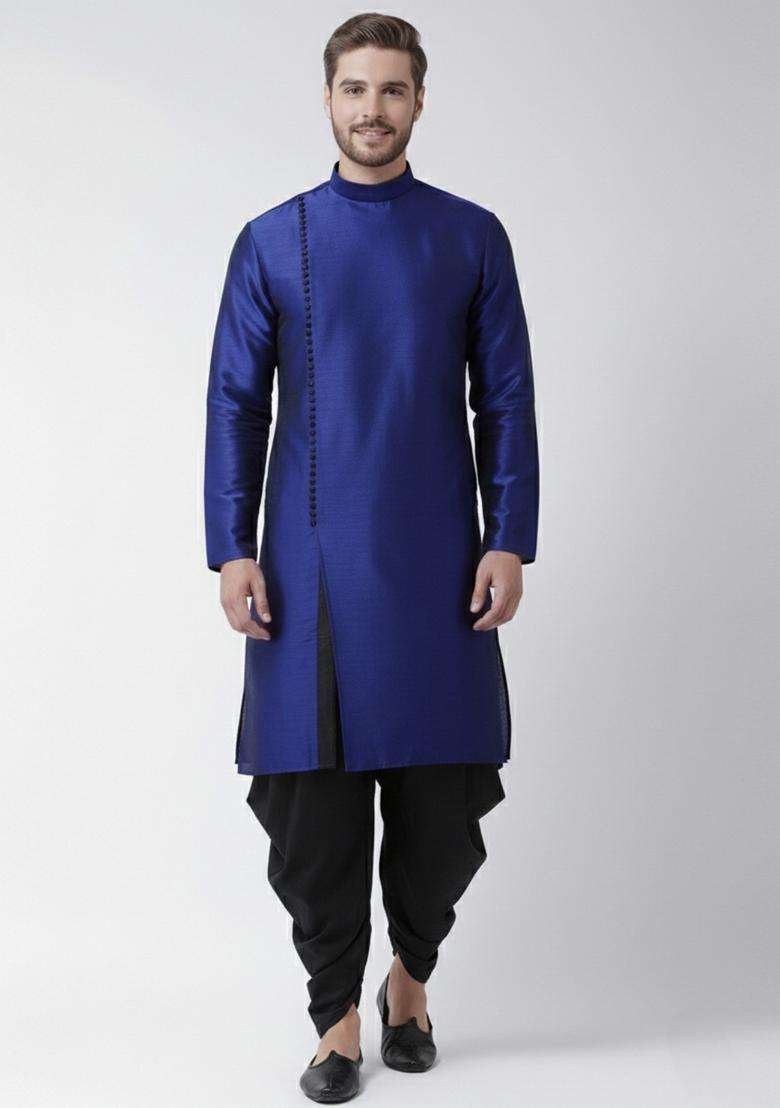 Royal Blue Embroidery Silk Blend Kurta Set For Men - Indya