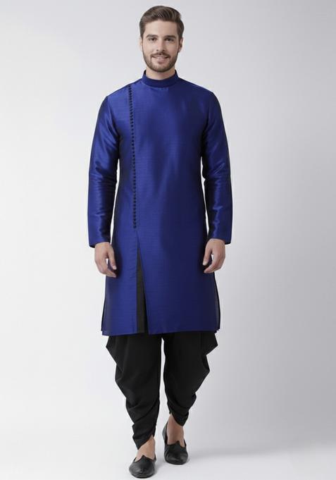 Royal Blue Embroidery Silk Kurta Set For Men