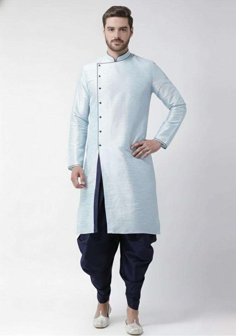 Light Blue Embroidery Silk Blend Kurta Set For Men - Indya
