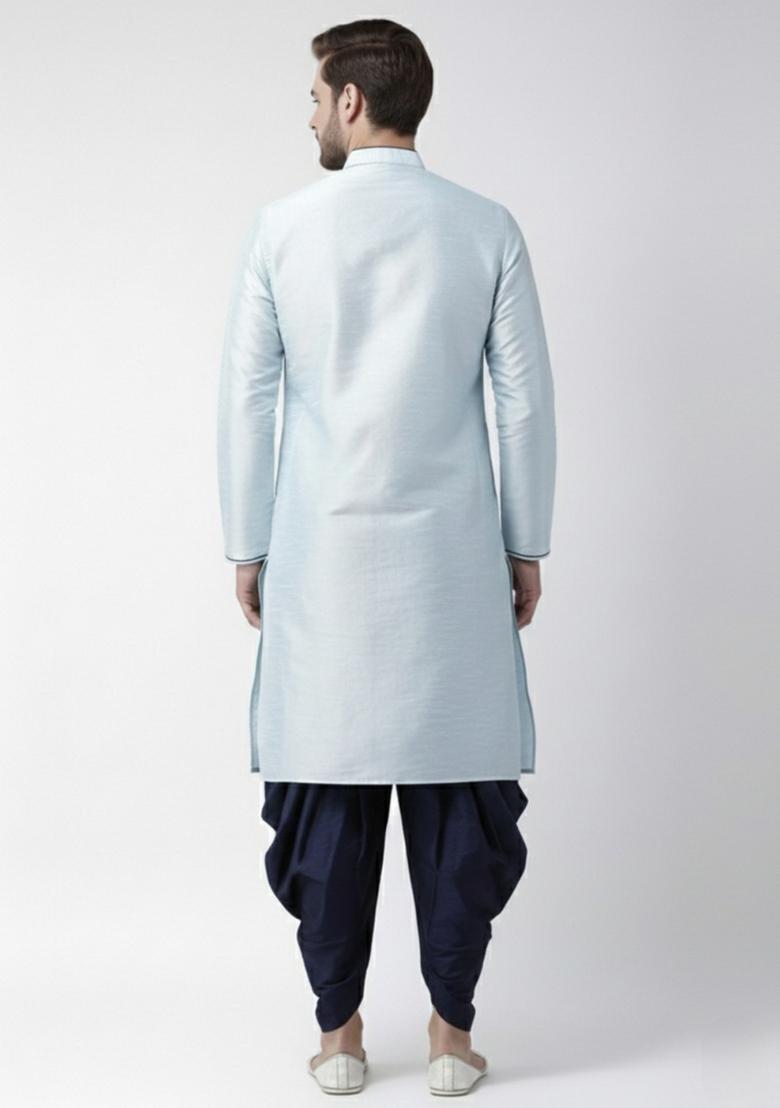 Light Blue Embroidery Silk Kurta Set For Men - Indya