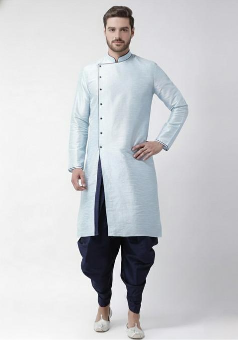Light Blue Embroidery Silk Kurta Set For Men