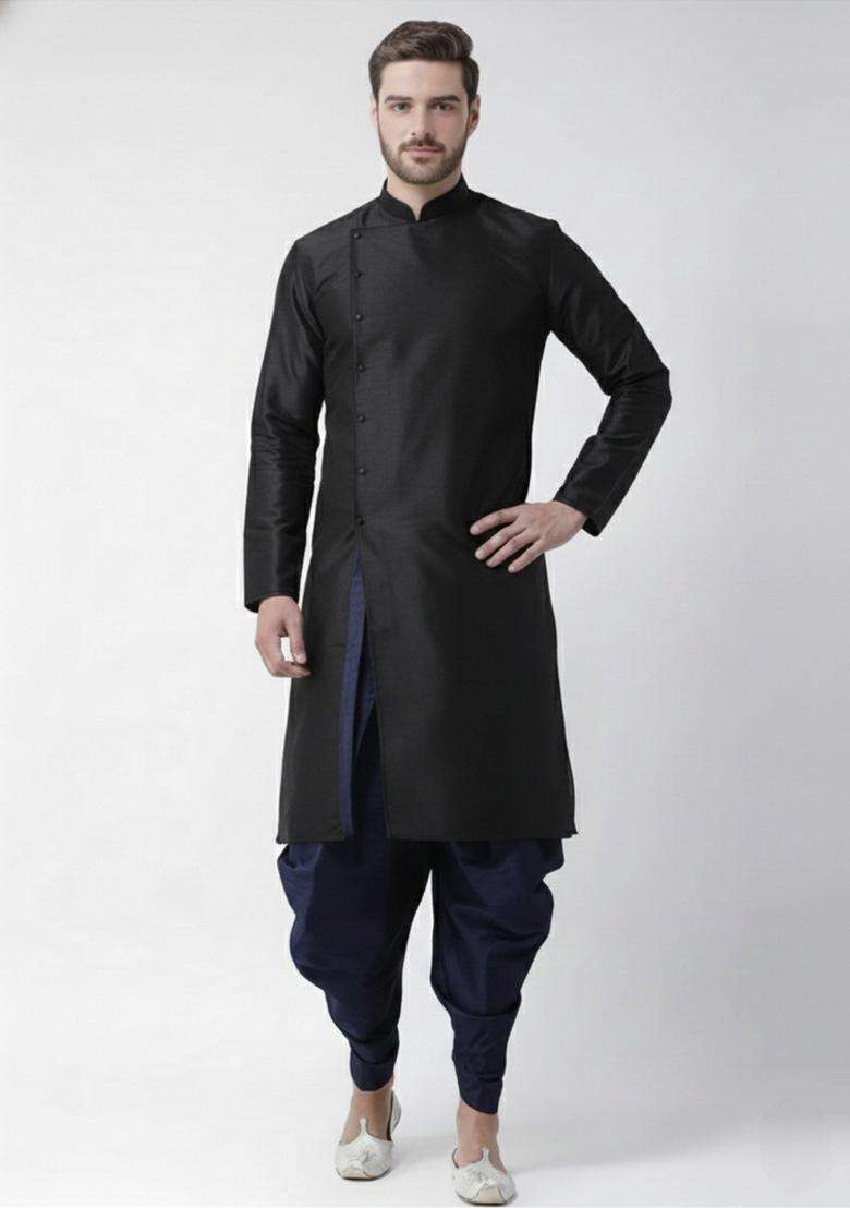 Black Embroidery Silk Blend Kurta Set For Men - Indya