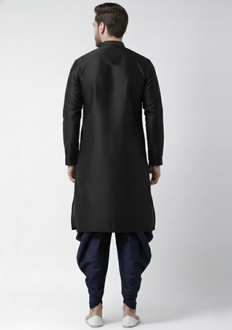 Black Embroidery Silk Kurta Set For Men - Indya