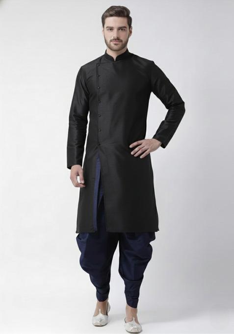 Black Embroidery Silk Kurta Set For Men