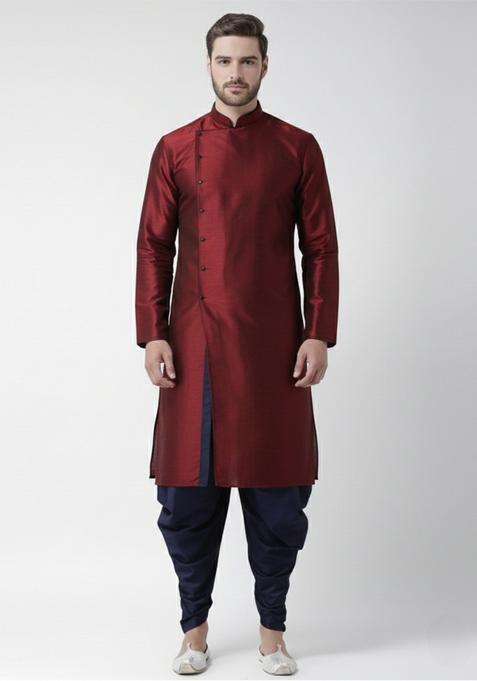 Maroon Embroidery Silk Kurta Set For Men