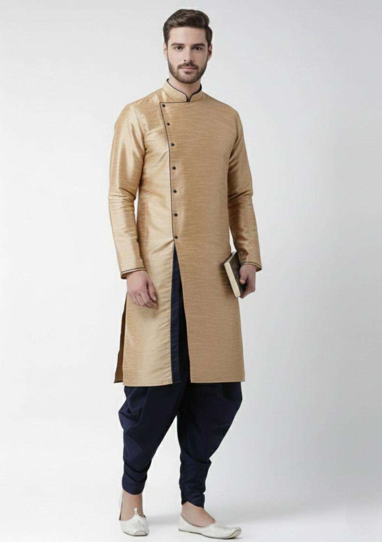 Golden Embroidery Silk Blend Kurta Set For Men - Indya