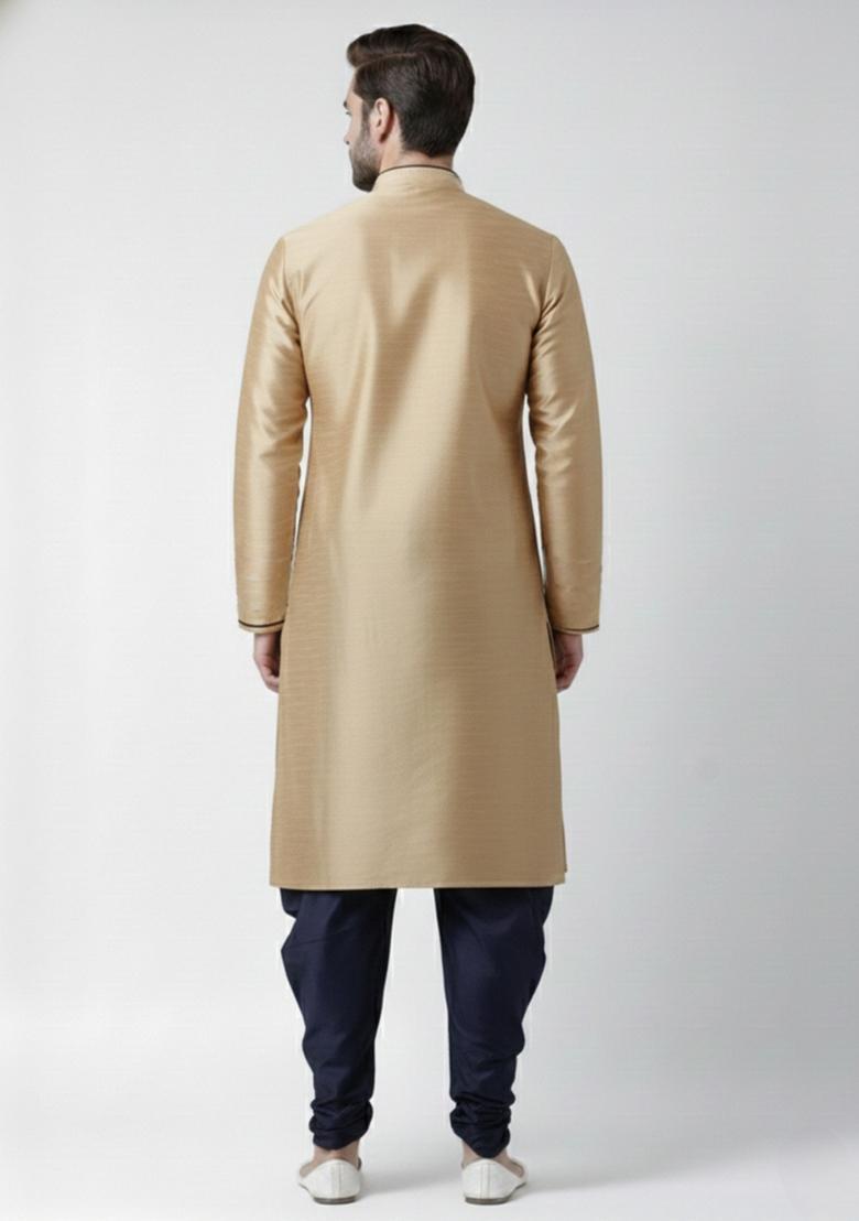Golden Embroidery Silk Kurta Set For Men - Indya
