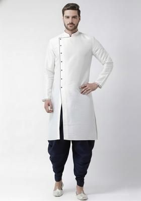 White Embroidery Silk Kurta Set For Men