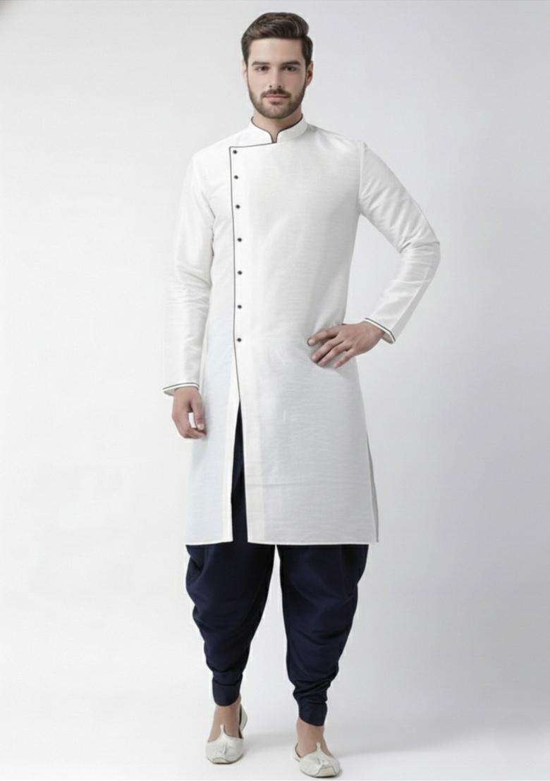 White Embroidery Silk Blend Kurta Set For Men - Indya