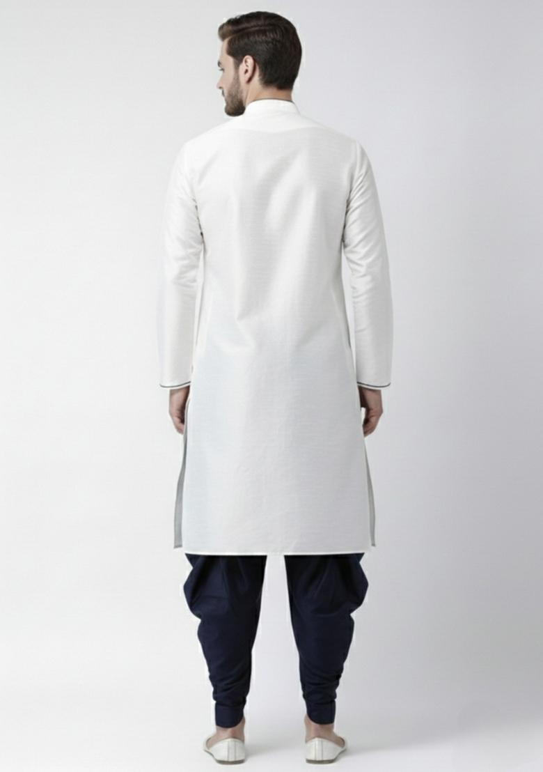 White Embroidery Silk Kurta Set For Men - Indya
