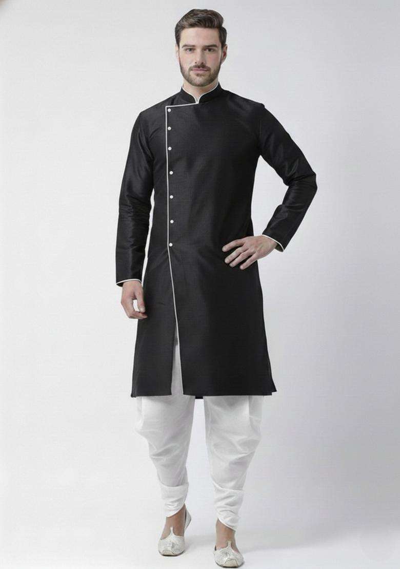 Black Embroidery Silk Blend Kurta Set For Men - Indya