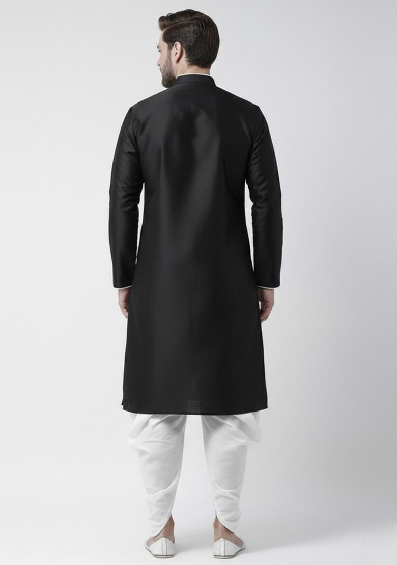 Black Embroidery Silk Kurta Set For Men - Indya