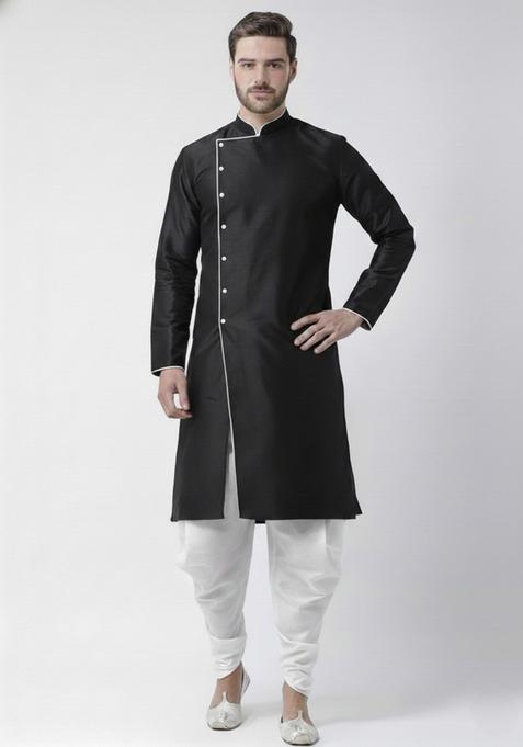 Black Embroidery Silk Kurta Set For Men