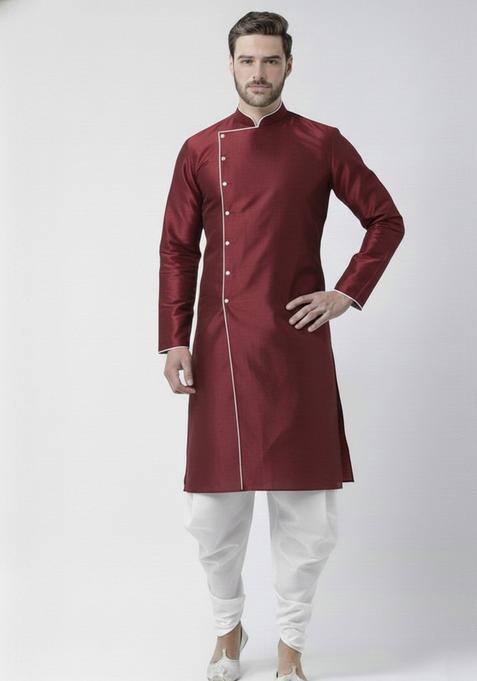 Maroon Embroidery Silk Kurta Set For Men