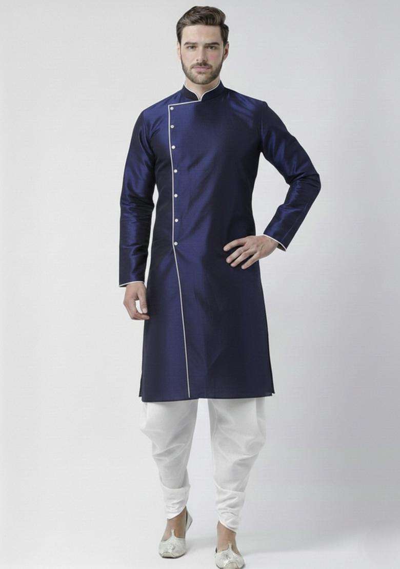 Navy Blue Embroidery Silk Blend Kurta Set For Men - Indya