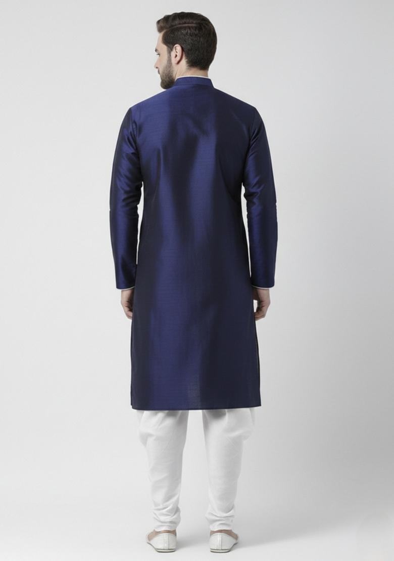 Navy Blue Embroidery Silk Kurta Set For Men - Indya