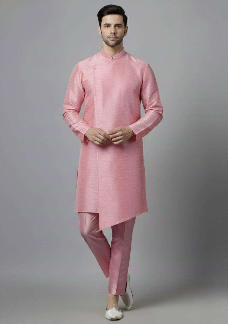 Pink Embroidery Silk Blend Kurta Set For Men - Indya
