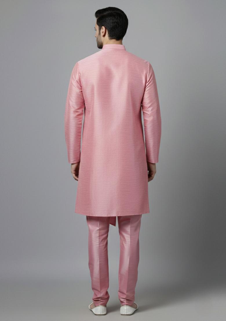 Pink Embroidery Silk Kurta Set For Men - Indya