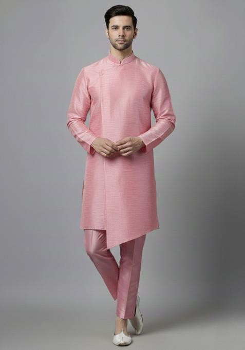 Pink Embroidery Silk Kurta Set For Men