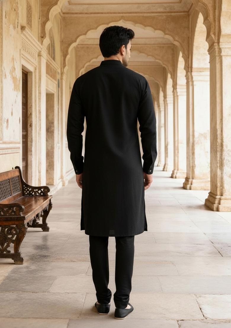 Black Embroidery Cotton Kurta Set For Men - Indya
