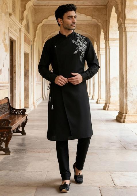 Black Embroidery Cotton Kurta Set For Men