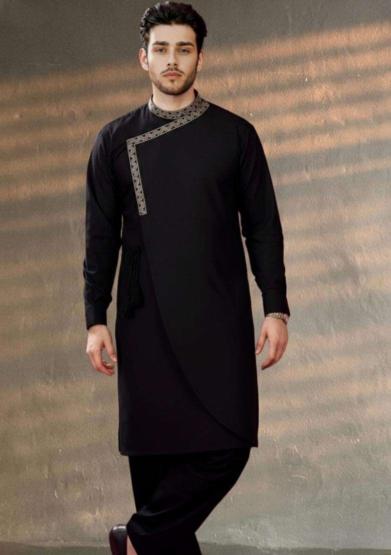 Black Embroidery Cotton Kurta Set For Men - Indya