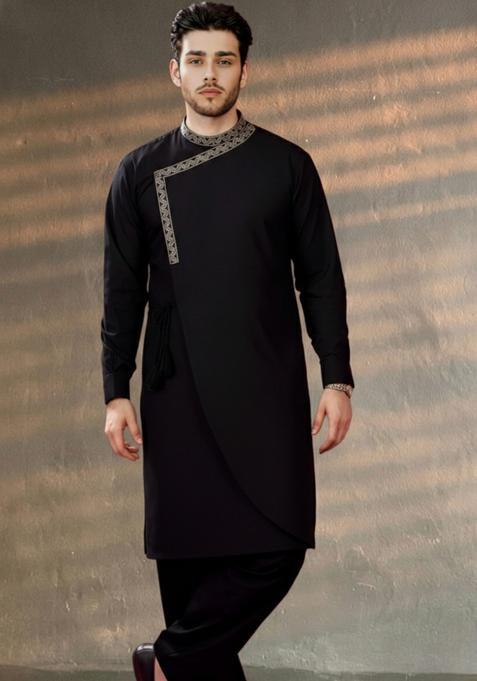 Black Embroidery Cotton Kurta Set For Men