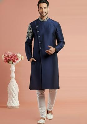 Navy Blue Embroidery Silk Kurta Set For Men