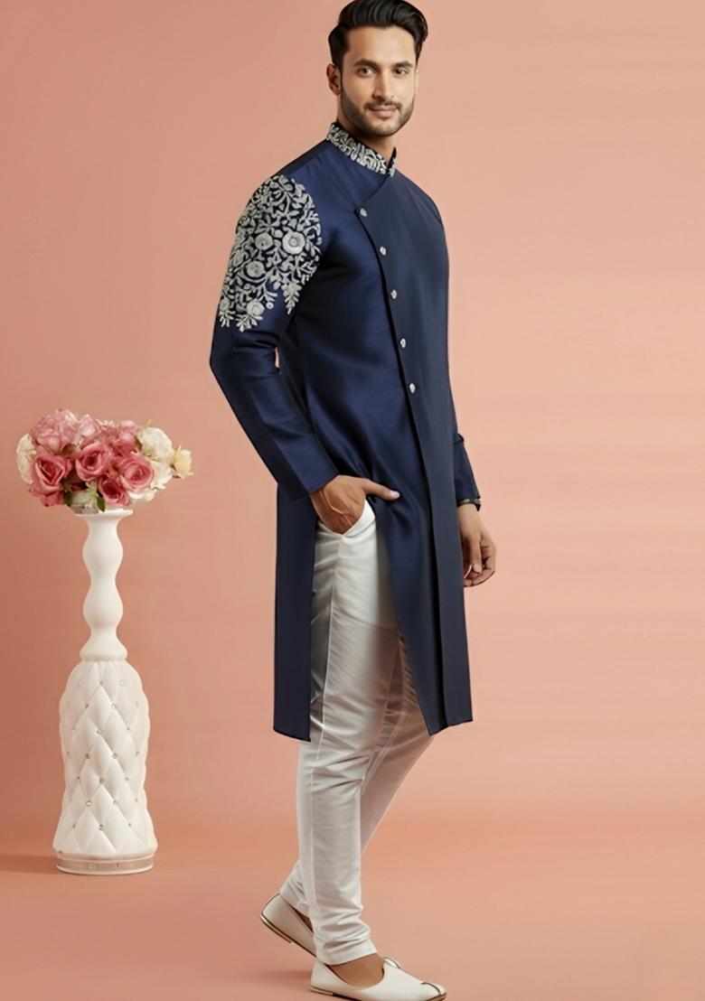 Navy Blue Embroidery Silk Kurta Set For Men - Indya