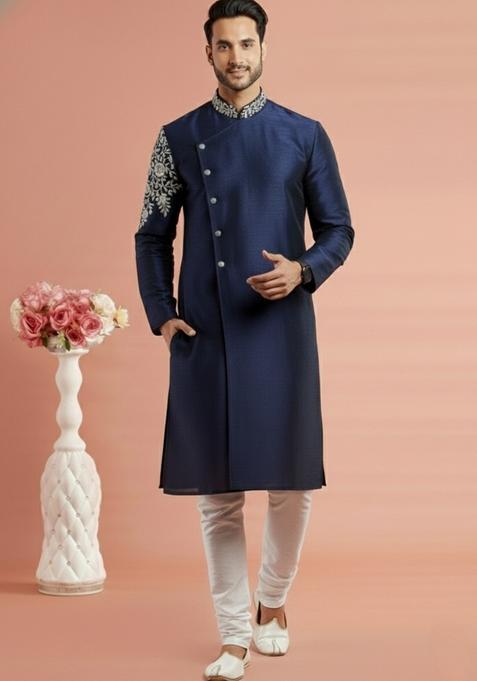 Navy Blue Embroidery Silk Kurta Set For Men
