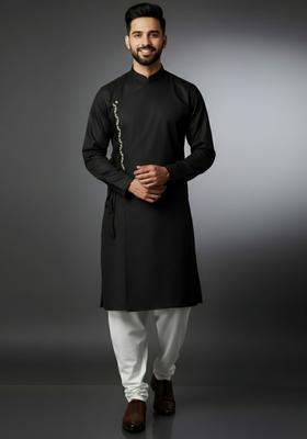 Black Embroidery Cotton Kurta Set For Men