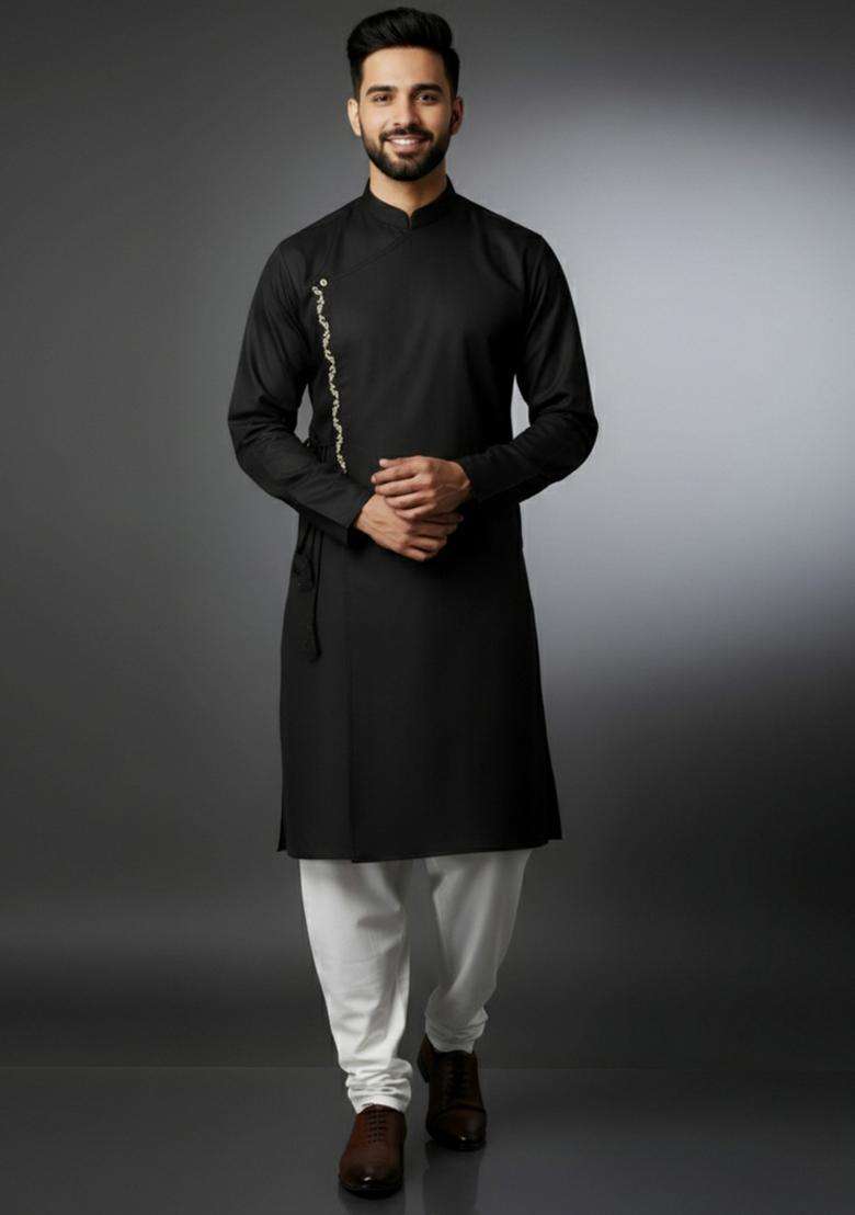 Black Embroidery Cotton Kurta Set For Men - Indya