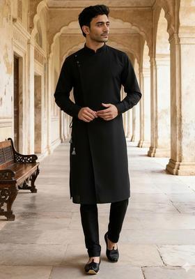 Black Plain Cotton Kurta Set For Men