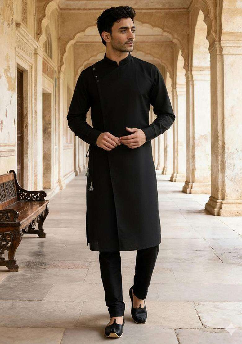 Black Plain Cotton Kurta Set For Men - Indya