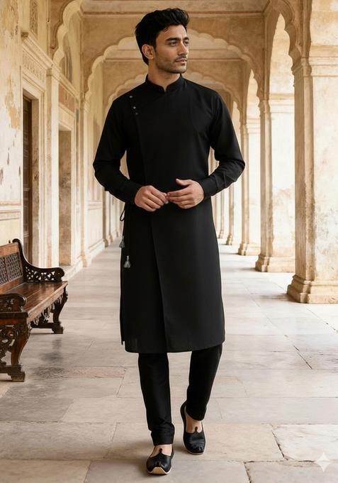 Black Plain Cotton Kurta Set For Men