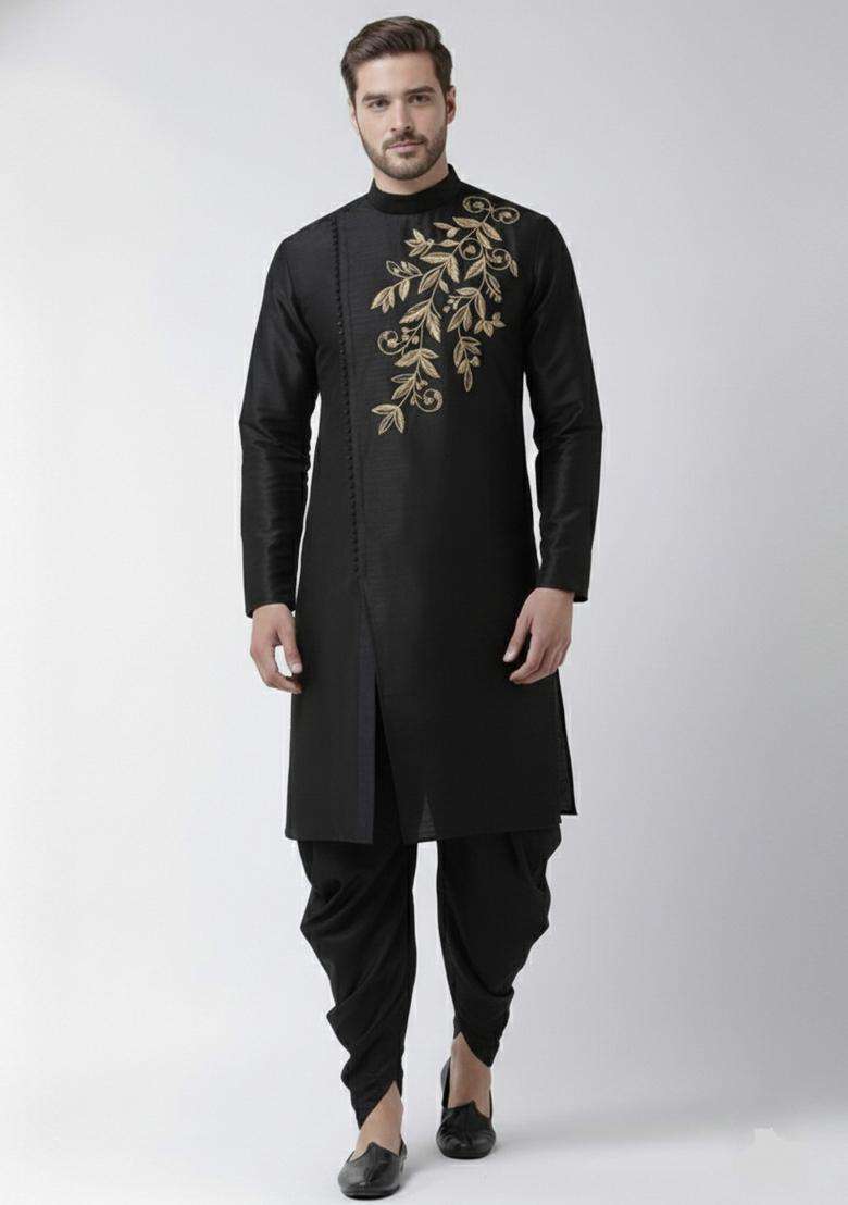 Black Embroidery Silk Blend Kurta Set For Men - Indya