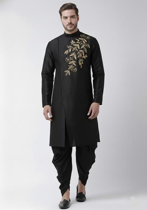 Black Embroidery Silk Kurta Set For Men