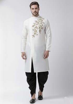 White Embroidery Silk Kurta Set For Men