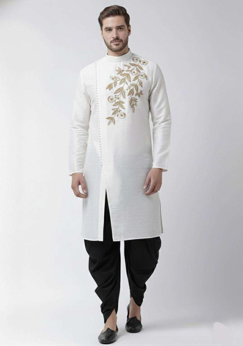 White Embroidery Silk Blend Kurta Set For Men - Indya