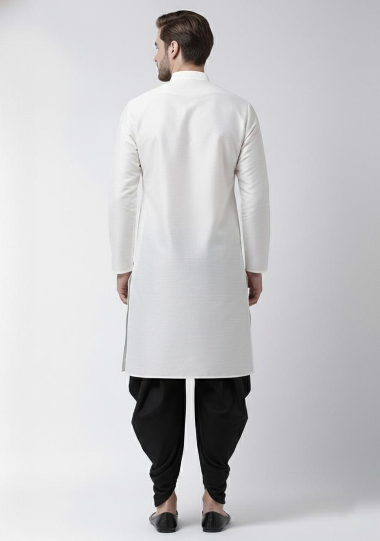 White Embroidery Silk Kurta Set For Men - Indya