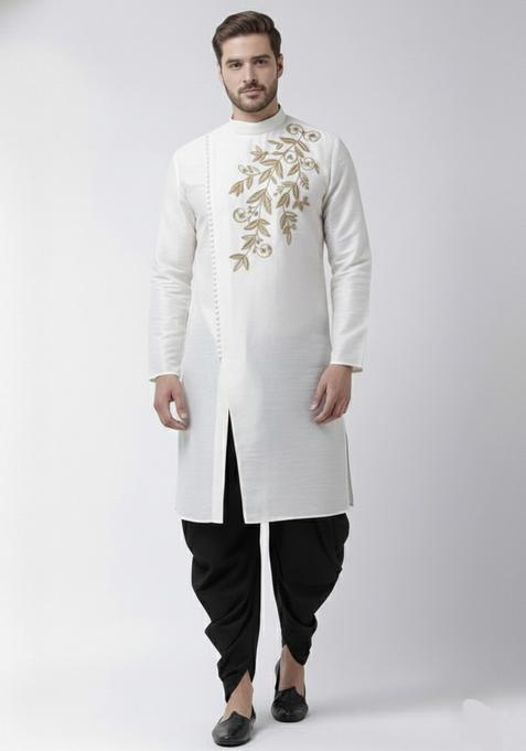 White Embroidery Silk Kurta Set For Men
