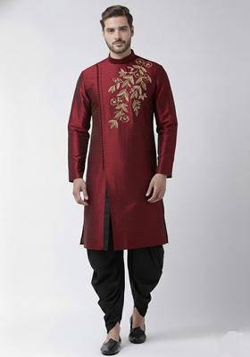 Maroon Embroidery Silk Kurta Set For Men