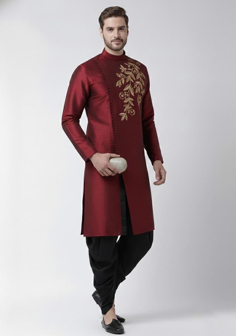 Maroon Embroidery Silk Kurta Set For Men - Indya