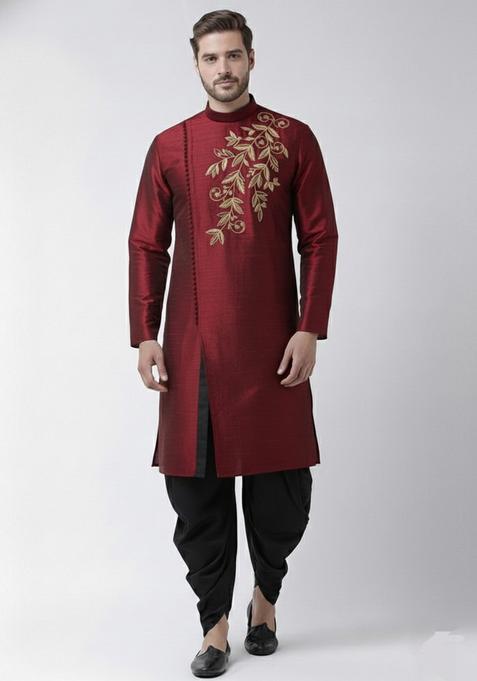 Maroon Embroidery Silk Kurta Set For Men