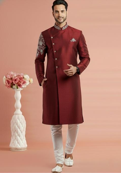 Maroon Embroidery Silk Kurta Set For Men