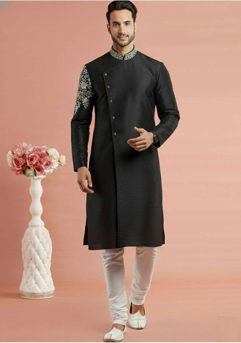 Black Embroidery Silk Blend Kurta Set For Men - Indya
