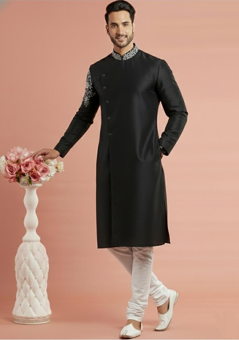 Black Embroidery Silk Kurta Set For Men - Indya