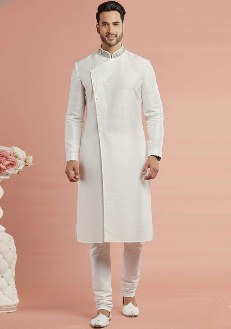 White Embroidery Silk Blend Kurta Set For Men - Indya
