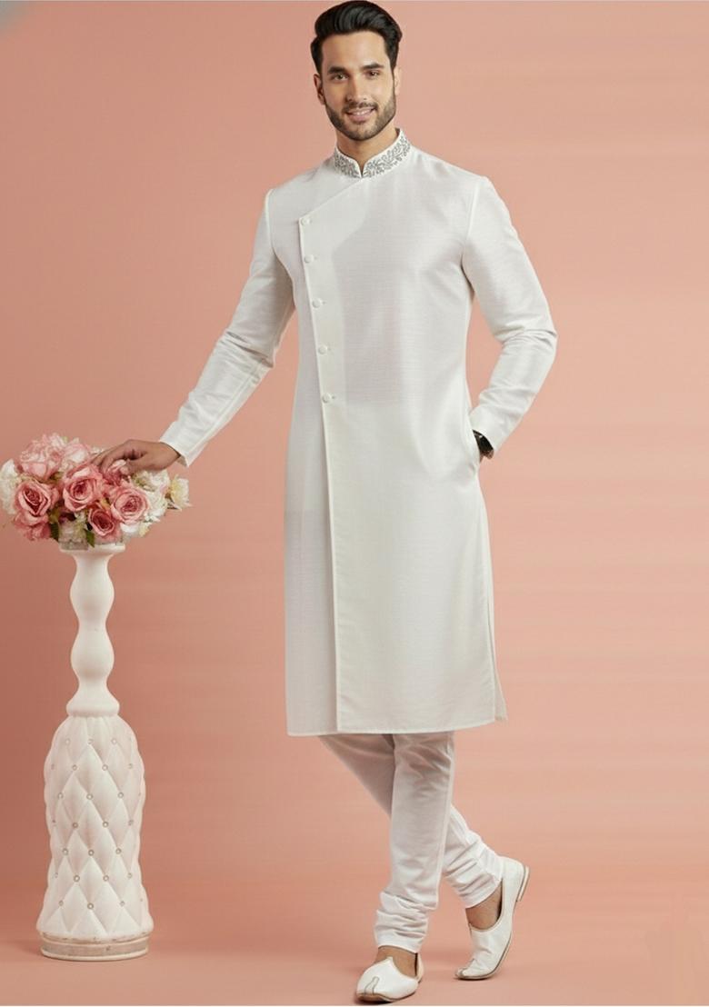 White Embroidery Silk Kurta Set For Men - Indya